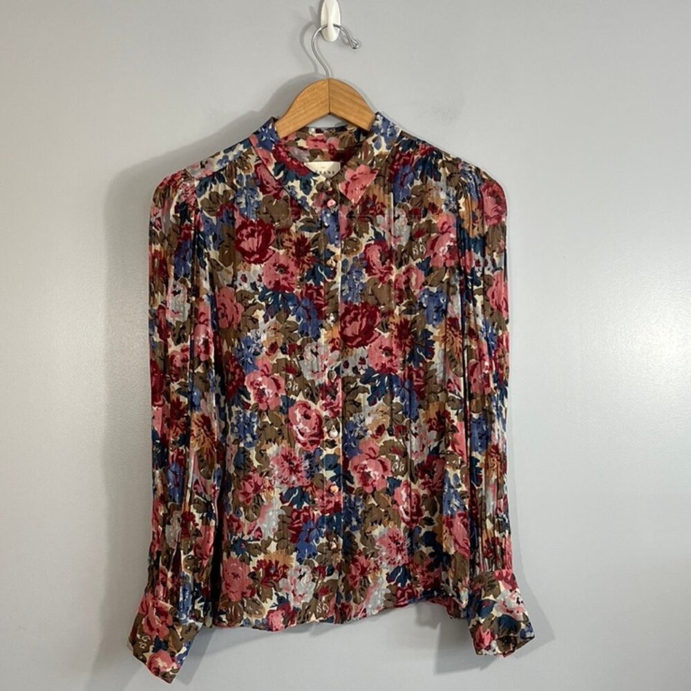 Sézane Floral Gauze Semi-Sheer Button Down Blouse